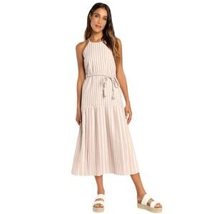 Lulus Women’s Beach Town Bound Striped Pleated Midi Dress Ivory/Tan Size Medium